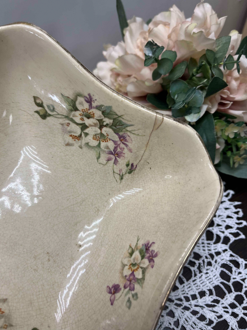 Пиала квадратной формы Дулевский ФЗ 1926-1929гг. Фаянс с цветочной деколью. Антиквариат. Картинка 4